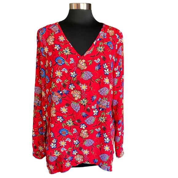 Chelsea & Theodore Red Floral Print Tunic Top Long Sleeves Layer Lagenlook Large - Picture 1 of 9